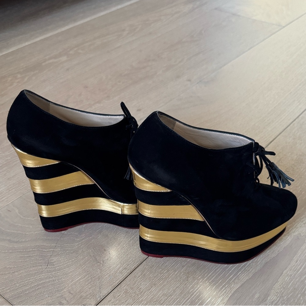 Charlotte Olympia Black and Gold Martha Platform Wedge Booties - Picture 3 of 9